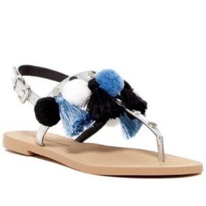 ✨REBECCA MINKOFF Estelle Blue Silver Sandal Pom Pom Tassel T Strap Studded Slide
